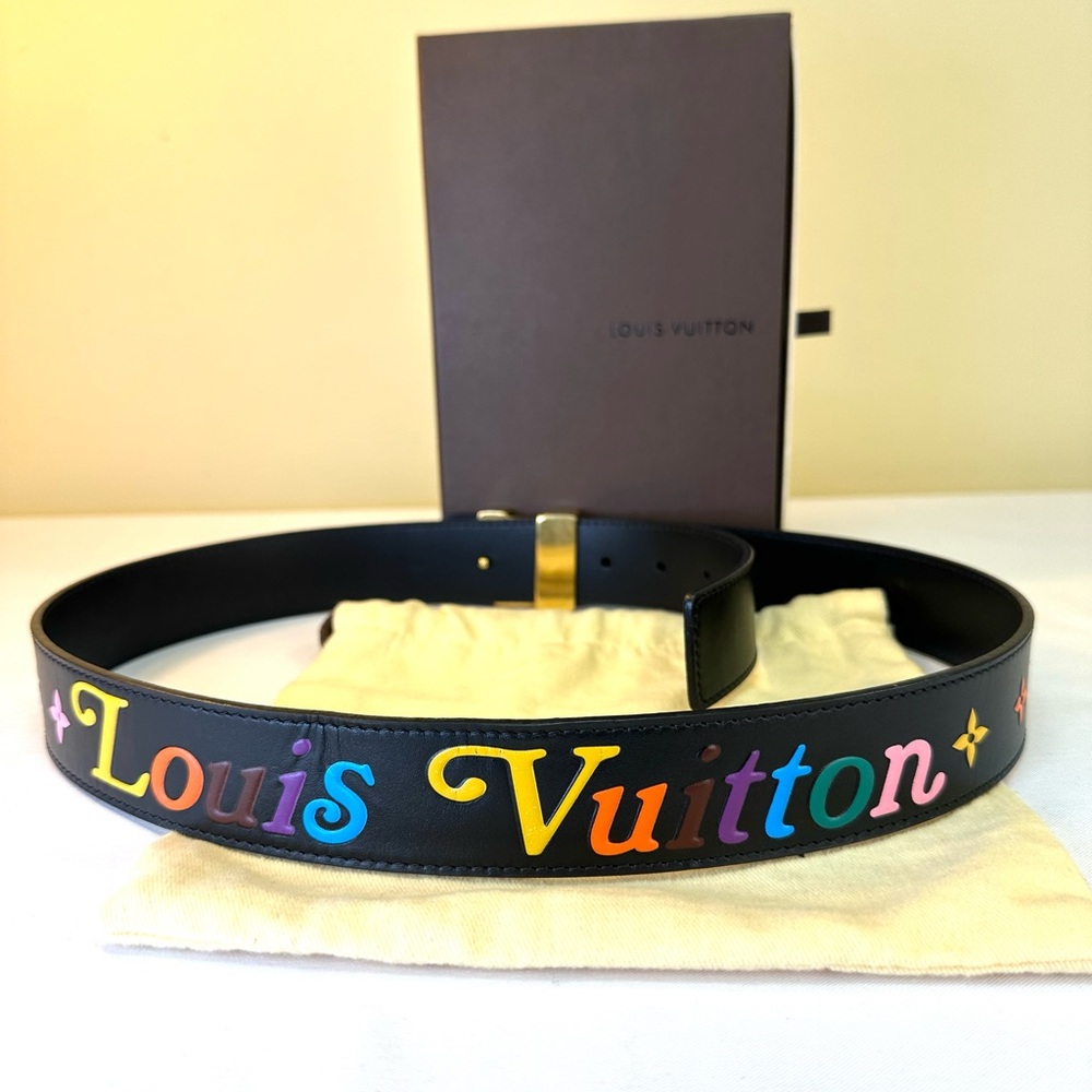 Louis Vuitton Monogram New Wave Black Leather Belt GHW 31.75”-35.75” Box Bag COA